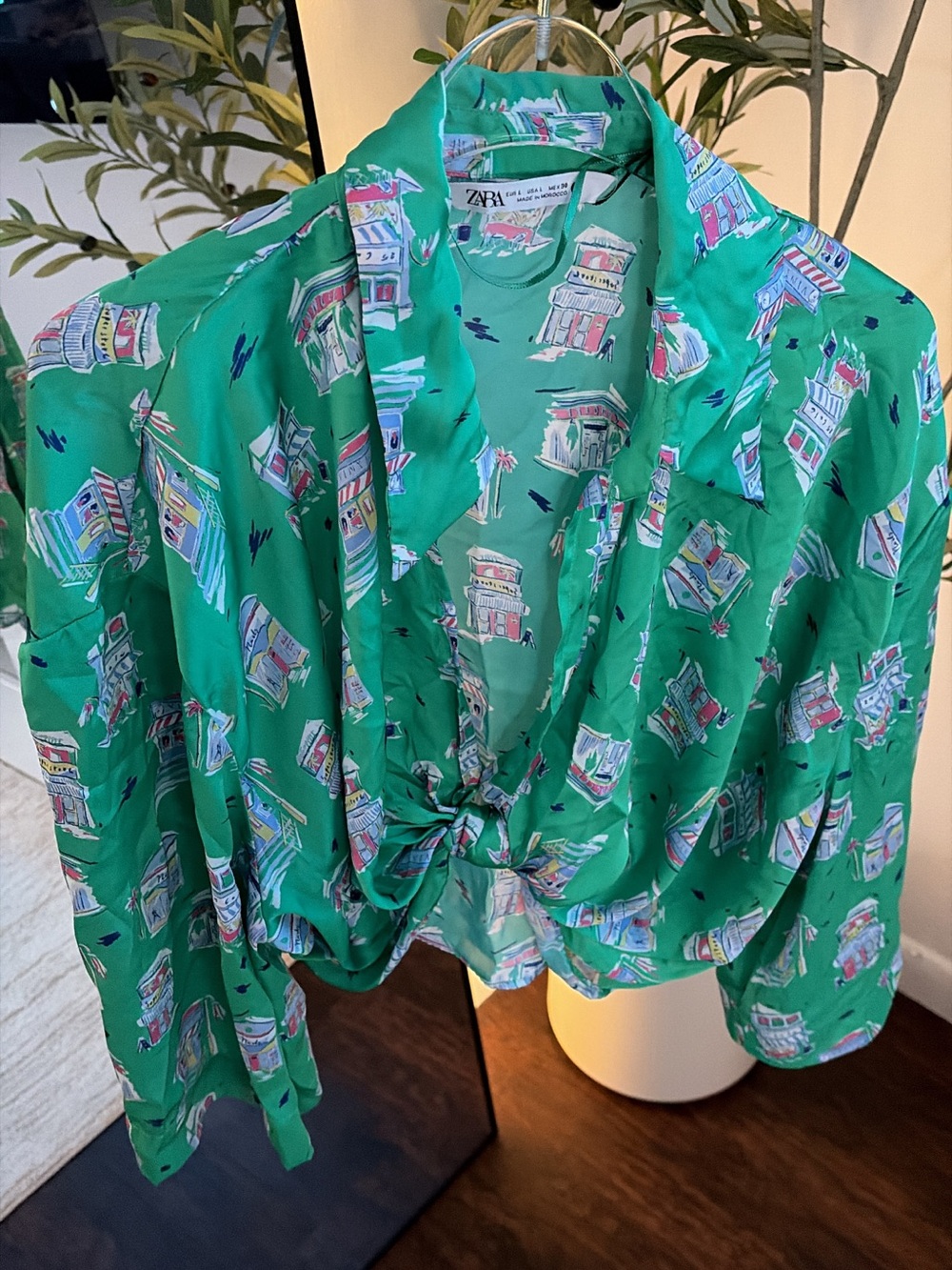 ZARA Green Printed Tie-Front Shirt
